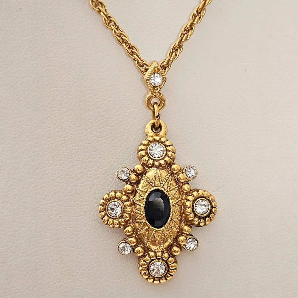 Vintage 1928 Jewelry Co. Gold Tone Pendant Necklace Black Cabochon & Rhinestone